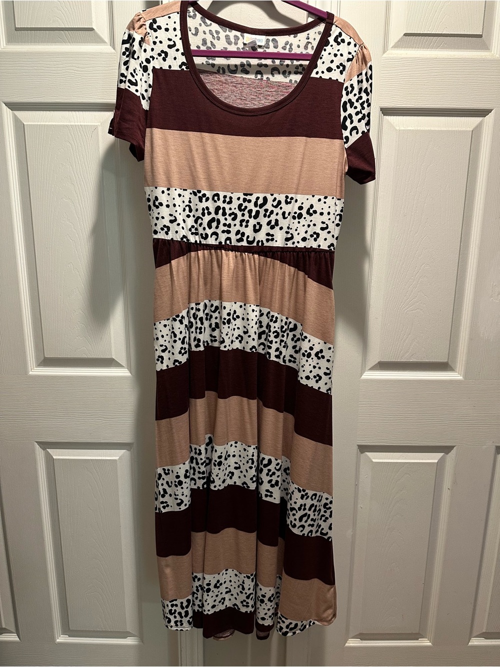 LuLaRoe Brown, Cream & White Striped Leopard-Accent Maxi Dress